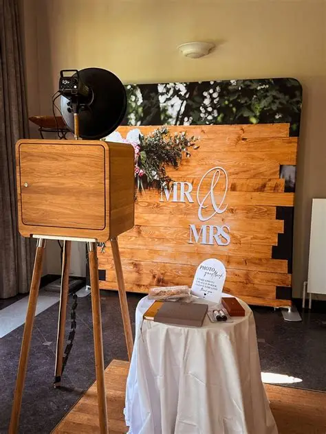 Houten fotobooth met Mr & Mrs decor op een bruiloft