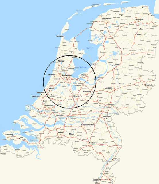 Kaart van Nederland met een straal van 30 km rond Amsterdam