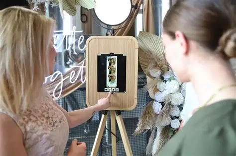 Gasten bij de houten fotobooth met neon decor
